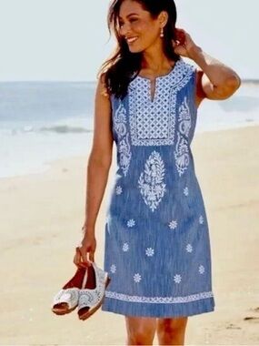ROLLER RABBIT Faith Blue Chambray Embroidered Dress Size S